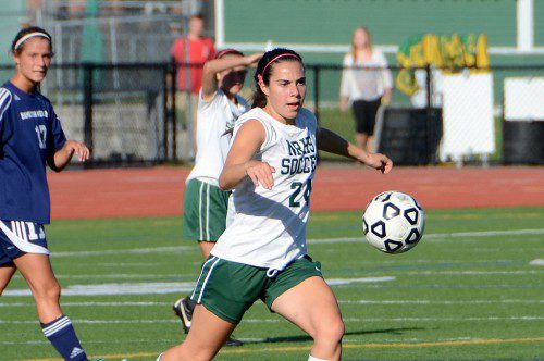 SENIOR CAPTAIN Tori Brown is all concentration as she controls the ball against Hamilton–Wenham. (John Friberg Photo) 