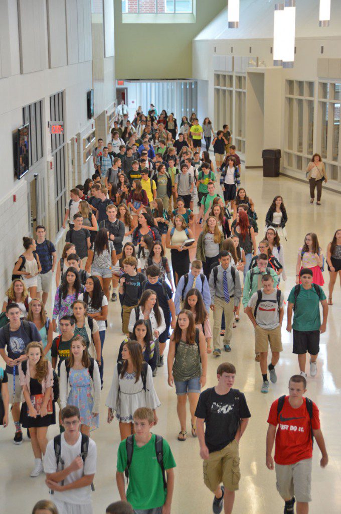 ALL 794 STUDENTS at North Reading High School, plus faculty and town officials were called down to the gymnasium in the new North Reading High School on Monday, the first day of school for the biggest class photo on North Reading history. The bleachers in the gym accommodated all of them and everyone smiled for the camera. (Bob Turosz Photo)