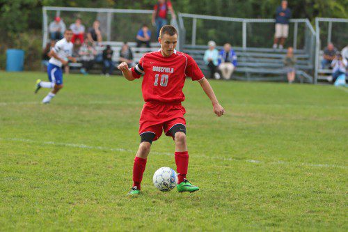 NEIL FITZGERALD, a senior, scored two goals for the Warriors in their 4-2 victory over Stoneham and has tallied six goals for the season to lead Wakefield. (Donna Larsson Photo)