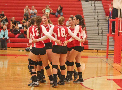 IT WAS a historic win for the Melrose Lady Raider volleyball team who beat Newton North for the first time on September 11, 3-1. (Donna Larsson photo)