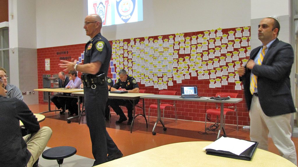 WAKEFIELD’S CHIEF OF POLICE Rick Smith and Superintendent of Schools Dr. Stephen K. Zrike spoke last Thursday night to parents about A.L.I.C.E., a new approach to lockdown at schools in the event of an intruder with the intent to do harm to faculty and students. The talk was held at the new Galvin Middle School. (Gail Lowe Photo)