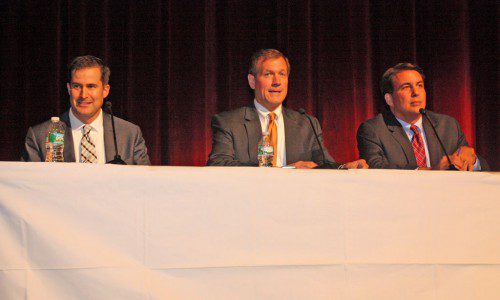 THE THREE CANDIDATES vying to represent the North Shore in the Sixth Congressional District clashed during a debate held at Danvers High School on Oct. 23. The candidates are, from left, Democratic nominee Seth Moulton, independent Chris Stockwell and Republican nominee Richard Tisei. (Dan Tomasello Photo)