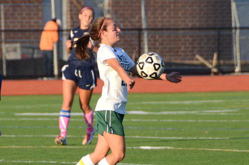 HORNET SENIOR Kerri–Ann Donovan settles the ball in the North Reading–Lynnfield game at Arthur Kenney Field. (John Friberg Photo)