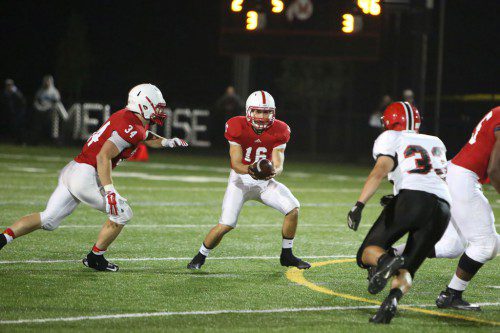 THE MELROSE Red Raider football team provided plenty of offense but fell just shy of taking victory over Watertown in a 28-26 loss last Friday at Victory Field in Watertown. The 4-2 Raiders look to get back in the winning column when they host Wilmington this Friday, October 17th at 7:00 at Fred Green Field. (Donna Larsson photo)