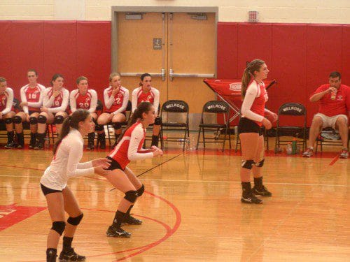 THE MELROSE Lady Raider volleyball team may have lost their first game of the season against State Champion Notre Dame of Hingham but they bounced back with a 3-1 win over Division 1’s Central Catholic on Monday. Melrose is 10-1 overall and undefeated in the Middlesex League. (Jennifer Gentile photo)