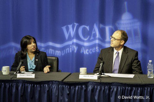 MONICA MEDEIROS AND JASON LEWIS squared off in a state Senate debate for the second time in six months. (David Watts Jr. Photo)