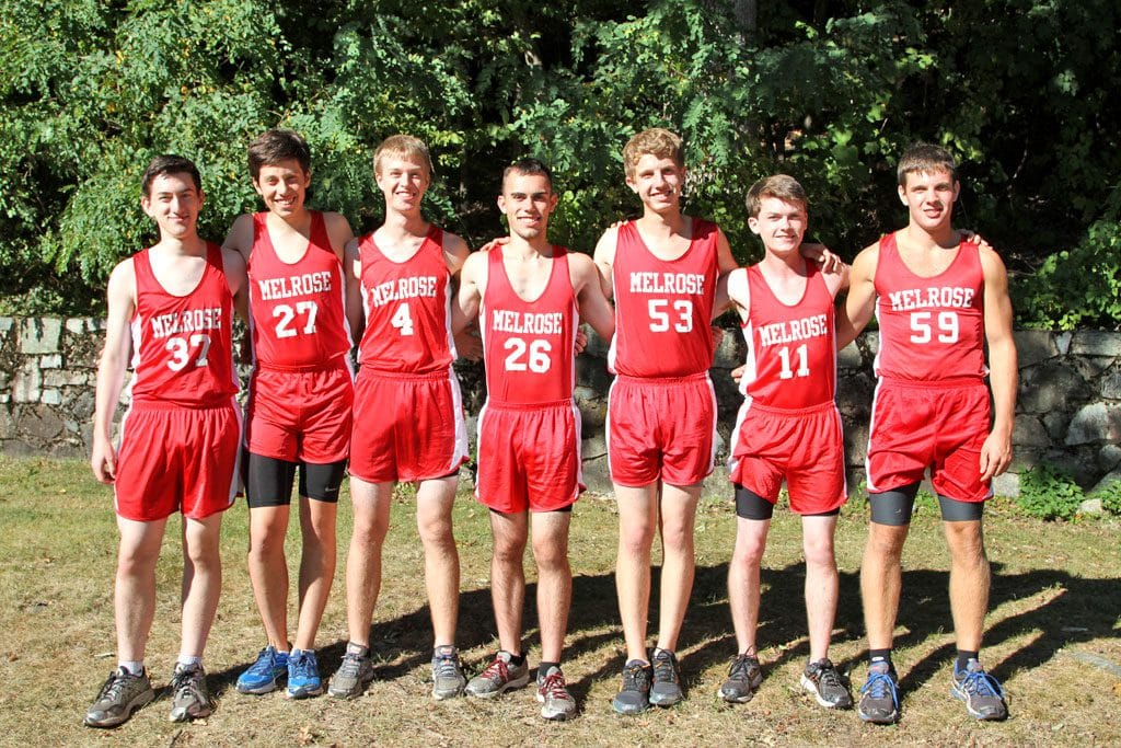 THE MHS boys cross country team may be the most talented field of MHS runners in recent years. The team is off to a 5-0 start to the season. Pictured are their seniors from left to right: Ben Jancsy, Addison Dowell, captain Duncan Locke, captain Keith Lovett, captain Abraham Zimmerman, Geoff Rowe, and Ian Brophy. (Donna Larsson photo)