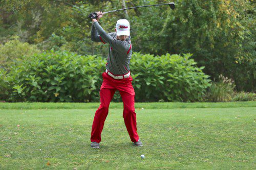 DAVID MELANSON, a sophomore, had a sensational outing yesterday afternoon at the Thomson Country Club in Wakefield’s non-league match against Winthrop. Melanson played at number three and shot a 35 for one under par. The sophomore posted a 7.5-1.5 win as the Warriors went on to defeat the Vikings and clinch a state tournament berth. (Donna Larsson Photo)