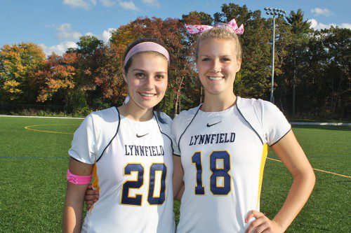 PIONEER field hockey senior co-captains Lauren McGrath (left) and Bailey Fanikos have led the Blue and Gold to a 16-1-2 season as they enter the Div. 2 North semifinals Thursday night against Weston at Reading High. Game time is 5:30 p.m. (Maureen Doherty Photo)