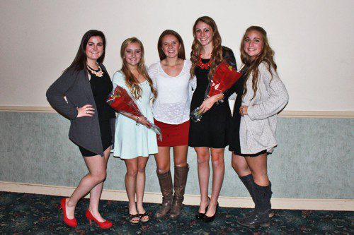 NEXT YEAR’S varsity field hockey captains were announced recently at the team’s end of season banquet. The 2014 and ‘15 captains are pictured together at the banquet. From left to right are ‘14 captain Marlena Nikosey, ‘15 captain Meaghan Hudson, ‘14 captain Meg McCarthy, ‘15 captain Julianne Bourque and ‘14 captain Hayley Kaddaras. Also, the team and their guests want to thank the Crystal Community Club for letting them use their hall and Sonny Noto’s for a great meal.