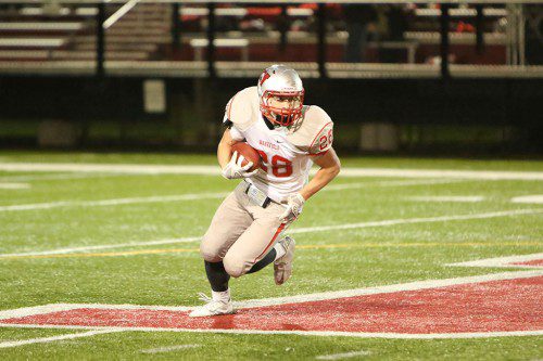 SENIOR RUNNING back and linebacker Luke Martin was injured on the final play of last Friday night’s quarterfinal contest against Melrose and his status is questionable for Saturday’s Div. 3 Northwest consolation game against Winchester. (Donna Larsson File Photo)