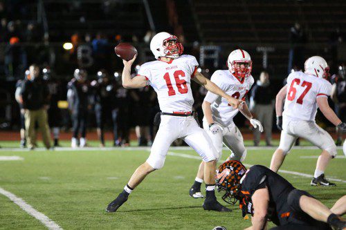 THE RED RAIDER football team is primed for the Div. 3 North State Semifinals this Saturday, Nov. 22 against Tewksbury at Cawley Stadium in Lowell at 4:15 p.m. Senior quarterback Jake Karelas will help lead the 2014 Div. 3 Northwest champ Melrose team in a game that will determine who goes to Superbowl. (Donna Larsson photo)