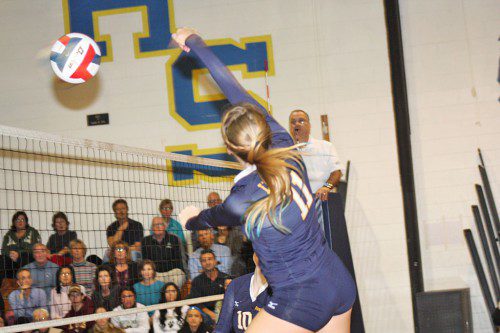 SENIOR CAPTAIN Emma Mancini (11) finished with 17 kills, nine digs and three aces during the Pioneers' 3-0 victory over Austin Prep during the Division 3 North quarterfinals on Monday. (Dan Tomasello Photo)