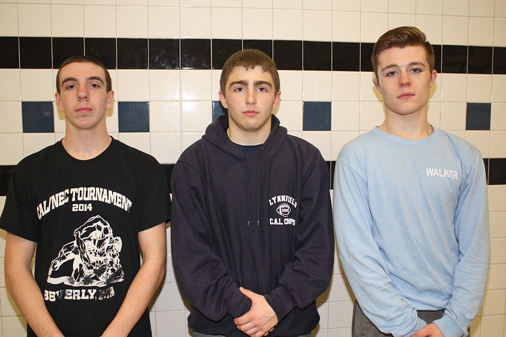 THE LYNNFIELD-NORTH READING co-operative wrestling captains for the 2014-2015 season are, from left, North Reading wrestler Joe Morse, Lynnfield wrestler Lucas Pascucci and Lynnfield wrestler Dominic Monzione. (Dan Tomasello Photo)
