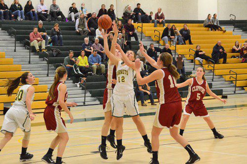HORNET SOPHOMORE Gabrielle Lanzaro (12) puts in two points despite tight pressure from the Newburyport defense. (John Friberg Photo)