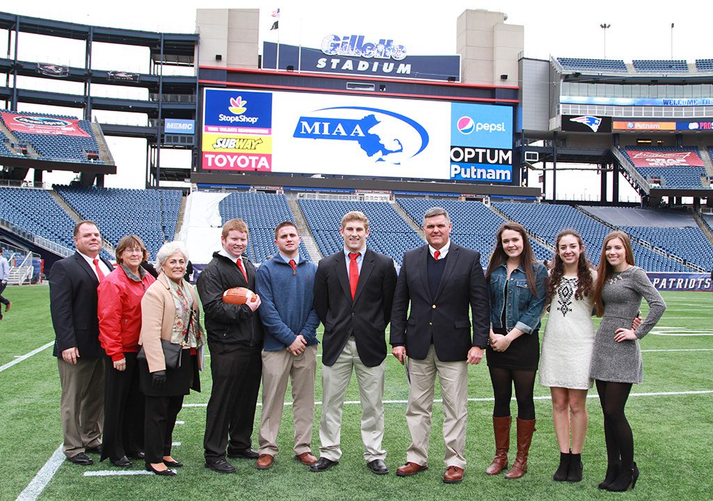 Representatives of Melrose High School, the football team and cheering squad attend the MIAA Championship Breakfast and Media Day on Tuesday at Gillette Stadium, in preparation for Saturday's Super Bowl. (Donna Larsson photo)
