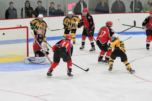 JUNIOR PATRICK DRISCOLL finds the back of the net for North Reading. (Stephanie Tannian Photo)