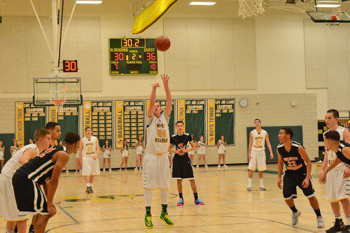 JUNIOR ADAM GOLDSTEIN hits this free throw from the charity stripe to narrow the gap with Greater Lawrence, 36 to 31. (Deanna Castro Photo)
