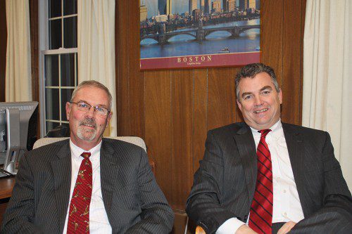RETIRING Town Administrator William Gustus (l) and incoming Town Administrator James Boudreau are working side-by-side this week as Gustus prepares to hand over the reins to his successor on Friday, concluding 12 years of service to the town. (Maureen Doherty Photo)
