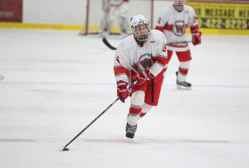 JAMES MCAULIFFE, a senior forward, scored one of three Warrior goals in Wakefield’s 3-3 tie against St. Peter-Marian last night in a non-league game at the Stoneham Arena. (Donna Larsson File Photo)