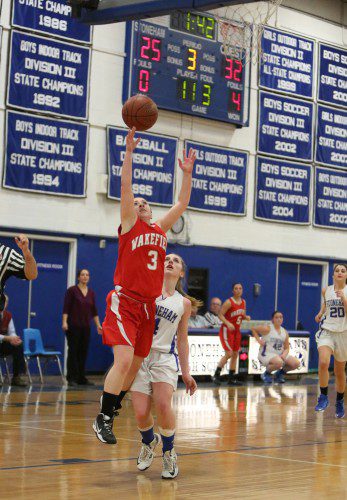 AMANDA BOULTER, a senior guard (#3), scored a game high 20 points including five three-pointers in Wakefield’s 64-55 triumph over Wilmington on Friday night. (Donna Larsson File Photo)