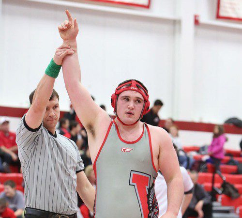 ALEX KANE, a senior (right), was declared the winner in all four of his matches over the long weekend. Kane had three victories at the 220 weight class and one at 285. (Donna Larsson File Photo)