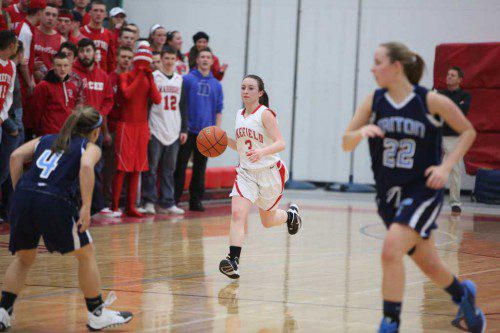 AMANDA BOULTER, a senior guard (#3), led all Wakefield scorers last night with eight points including two three-pointers. Wakefield, which defeated Triton on Tuesday night in a first round game at the Charbonneau Field House, had its season ended by Pentucket in the quarterfinals by a 61-35 tally.           (Donna Larsson File Photo)