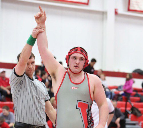 ALEX KANE, a senior captain, set the WMHS record for career victories with 140. Kane broke the record set by Dylan Conn in Wakefield’s 52-28 non-league victory over Malden last night.  (Donna Larsson File Photo)