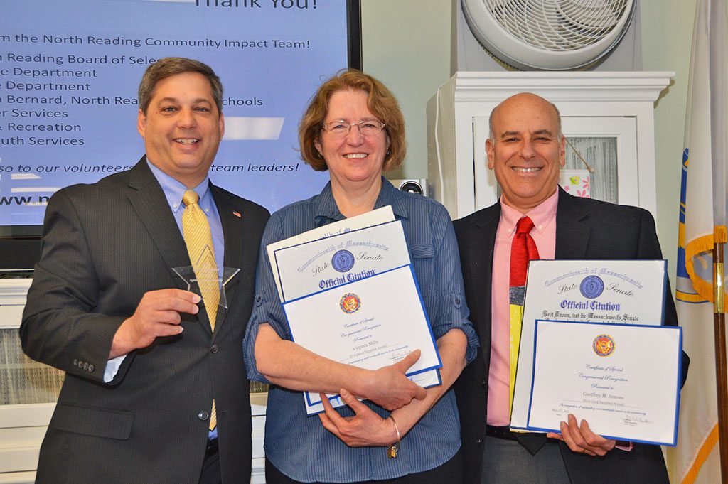 GOOD NEIGHBOR AWARDS. State Senator Bruce Tarr (left) presented citations and awards to Ginny Mills and Geof Simons, winners of North Reading’s 2014 Good Neighbor Awards. (Bob Turosz Photo)