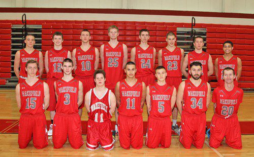 THE WMHS boys’ basketball posted a 10-10 overall record, captured a share of the Middlesex League Freedom division title, and went 1-1 in the state tournament in 2014-15. In front row (from left to right) are MJ Urbano, Brian Dickey, manager Dan Rej, Chris Calnan, Neil Fitzgerald, Lou Spaziani and manager Joe Elcewicz. In the second row (from left to right) are Corey Imbriano, Jon Miller, Tighe Beck, Andrew Auld, Zach Price, Kobey Nadeau, Alex McKenna and Elijah Nardone. (Donna Larsson Photo)