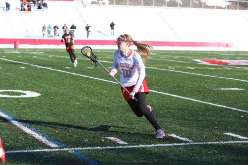 JULIANNE BOURQUE, a junior, netted three goals for Wakefield as it staged a dramatic 16-11 comeback win over Bedford yesterday afternoon in a non-league game. (Donna Larsson File Photo)