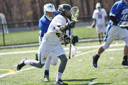 SENIOR CAPTAIN Jonathan Knee (10) scored the Pioneers’ game winning goal against Pentucket in overtime on April 28. The Pioneers defeated the Sachems 6-5. (Dan Tomasello File Photo)