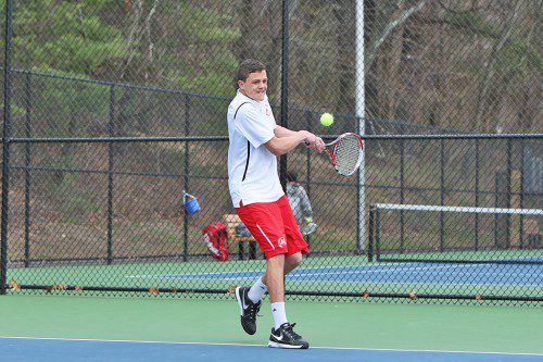 JACK MAYS has been a strong singles player for the tourney-bound Red Raider team, who enjoyed back to back wins this week to stay undefeated in the Middlesex Freedom League. (Donna Larsson photo) 