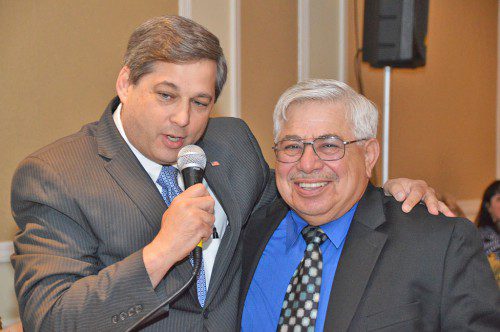 SENATOR BRUCE TARR and North Reading's Citizen of the Year Chuck Carucci shared quite a few laughs at the Chamber of Commerce awards ceremony. (Bob Turosz Photo)