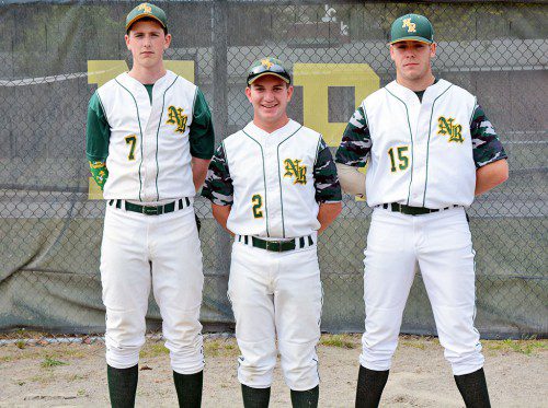 2015 VARSITY BASEBALL Seniors Taylor Robinson, Tyler Stansbury and Brendan Tilton played for Coach Eric Archambault this year. (Deanna Castro Photo)