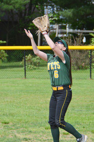 WAIT FOR IT. Bryanne Riley settles in under this pop fly and waits for the ball to come to her. (John Friberg Photo)