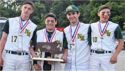 MAKING AN IMPACT AT NECC. Top: North Reading players in their Hornet baseball days, from left: Ryan McAuliffe, Keith Linnane, R.J. Warnock and Colby Maiola. Bottom, with NECC Coach Jeff Mejia, from left: Linnane, Maiola, McAuliffe and Warnock. (Courtesy Photo)