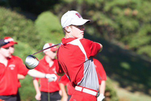 DAVID MELANSON, a junior, played at number one for the Warriors and posted an 8.5-0.5 win. Wakefield prevailed in its season opener against Watertown by a 51.5-20.5 score. (Donna Larsson Photo)