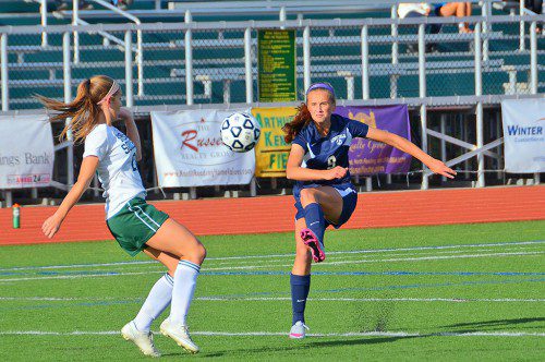 JUNIOR scoring machine Liz Reed (9) scored the Pioneers' lone goal against North Reading nine minutes into the half. The Pioneers fell 2-1 to the Hornets on Sept. 21 in a rematch of the Division 3 North finals. (John Friberg Photo)