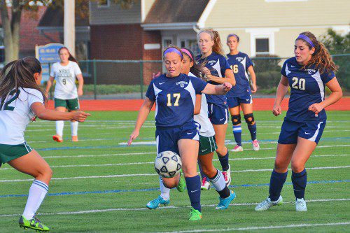 SOPHOMORE midfielder Sydney Santosuosso scored the Pioneers’ first goal against Ipswich 50 seconds into the second half during the Pioneers’ 2-0 victory over the Tigers Oct. 2.  (John Friberg Photo)
