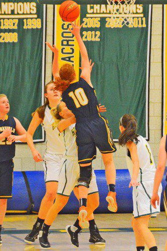 SENIOR CAPTAIN Marie Norwood (10) finished with seven points during the Pioneers’ 43-28 loss to Triton Jan. 29. (John Friberg Photo) 