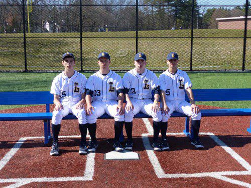 LEADING THE WAY for the Pioneers in the baseball team’s current nine-game win streak are team captains, from left, seniors Nick Colucci, Spencer Balian and Dan O’Leary, and junior Justin Juliano. Lynnfield is 11-3 overall and has secured a state tourney berth. (Lisa Colucci Photo)