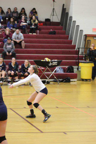 LIBERO and co-captain Rebecca Albanese returns the ball on defense in game two of the state semifinal tournament last week. Case took the match (25-14, 25-17, 25-16) and won the Div. 3 state title over Frontier Regional on Saturday. (Maureen Doherty Photo)