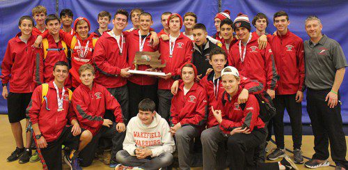 THE WMHS boys’ cross country team had many of its teammates on hand for Saturday’s MIAA All-State Cross Country Championships in Gardner along with the seven Warriors who competed in the meet: Matt Greatorex, Adam Roberto, Nick McGee, Tommy Lucey, Ryan Sullivan, Jack Stevens and Rohan Singhvi. From left are: front, Greatorex, Matt Roberto, Cal Sylvia, Derryn Langlois, Jack Stevens and Andrew Russell; middle, Casey Brackett, Ryan Smith, Sullivan, James Connors, Lucey, McGee, Thomas Harrington, Mike Frezza and Adam Roberto; back, Justin McGonigle, Singhvi, Billy Stevens, Max Hinchey, Robert Shaw, Melrose infiltrator Nick Wheeler, Tanner Jellison, David Lee, Jack Callahan and Coach Perry Pappas. (Wakefield Cross Country Photo Staff Photo)