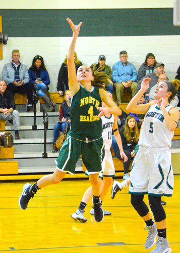 Freshman Lauren Sullivan ties the game Austin Prep at 10-10 with this hoop. (John Friberg photo)