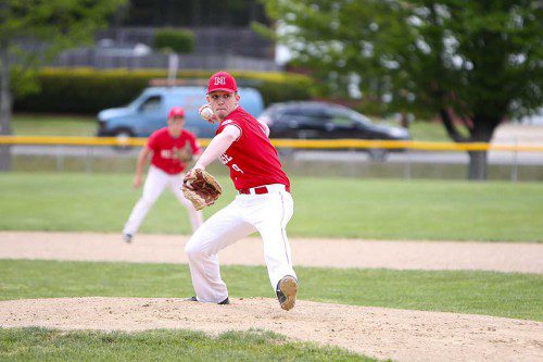THE MELROSE Red Raider baseball team took their season opener against Malden in a 6-4 comeback victory. Pictured is hurler John Casparriello. (Donna Larsson photo)