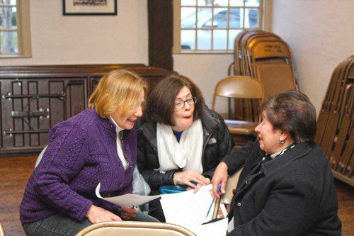 SHARING a laugh together prior to the start of last week's community forum on the status of the library building project were (from left): Ann Decker, Patty Nutile and Maryann Mazzola. (Maureen Doherty Photo)