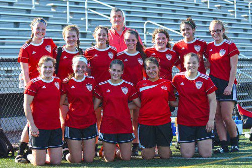 THE GIRLS’ U18 soccer team qualified for the Commissioner’s Cup Tournament. In the front row (from left to right) are Hannah Dziadyk, Sarah Melanson, Paige Dubé, Alexa Pesce. and Olivia Dziadyk. In the second row (from left to right) are Meaghan Foley, Grace Collins, Gina Barbera, Caroline Hurley, Jenny Summers, Meagan Gibbons, and Rachel Hatheway. In the third row is Coach Jim Grady. Missing from the photo are Abby Chapman, Alyssa Corso, Christina Freni, Courtney Hill, Brooke Lilley, Rylee Parent, Brianna Smith, and Coach David Chapman.